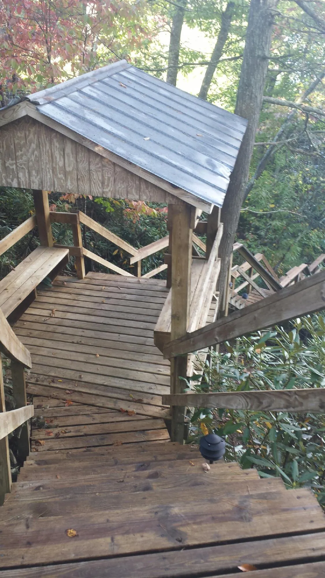 Metal roofed shelter over wooden steps on a wooded walkway — Skylight Repair & Installation work by our crew in Tilton